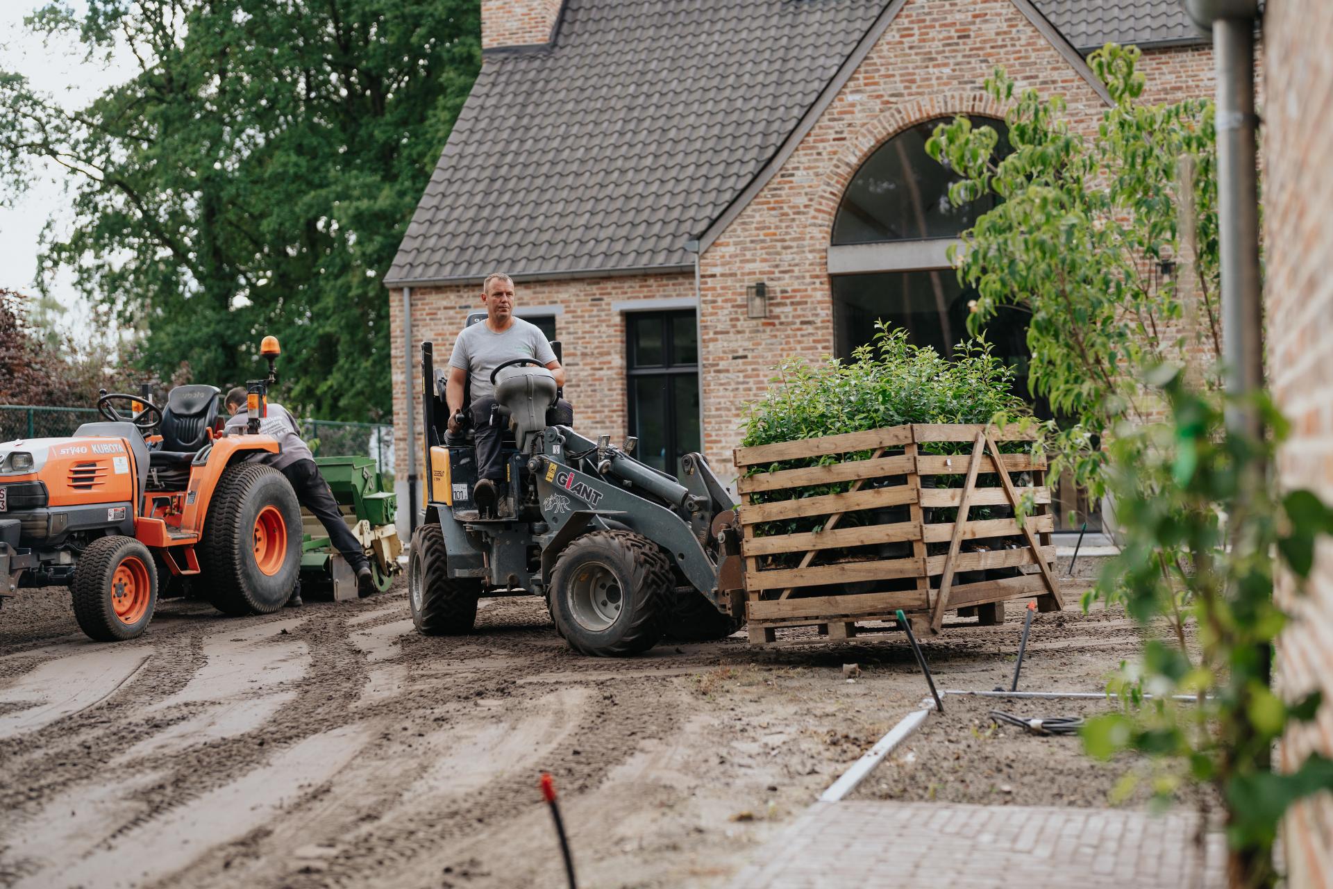 Tuinaannemer plaatst beplanting met kleine lader tijdens tuinrenovatie